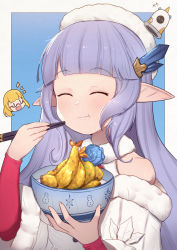 Rule 34 | +++, 2girls, :t, ^ ^, bare shoulders, blonde hair, blue flower, blue rose, blush, bowl, character request, chibi, chibi inset, chopsticks, closed eyes, closed mouth, commentary request, dress, eating, flower, food, fur-trimmed sleeves, fur trim, glasses, granblue fantasy, hair ornament, hand up, highres, holding, holding bowl, holding chopsticks, lily (granblue fantasy), long hair, long sleeves, multiple girls, notice lines, pointy ears, purple hair, red-framed eyewear, rose, semi-rimless eyewear, short sleeves, shrimp, shrimp tempura, solo focus, tempura, under-rim eyewear, uneg, white dress, wide sleeves