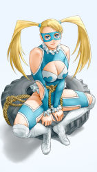 Rule 34 | 1girl, bare shoulders, blonde hair, blue eyes, blue leotard, boots, breasts, capcom, cleavage, cleavage cutout, closed mouth, clothing cutout, commentary request, detached sleeves, frills, full body, grey background, highres, large breasts, leotard, lips, long sleeves, looking at viewer, mask, parted bangs, rainbow mika, rope, shoulder cutout, simple background, sitting, smile, solo, street fighter, street fighter zero (series), tire, twintails, wrestling mask, wrestling outfit, x chitch