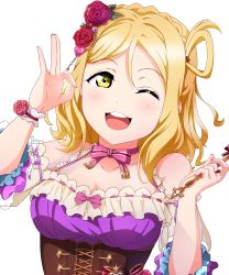 Rule 34 | 1girl, absurdres, artist name, artist request, bare shoulders, black ground, blonde hair, blush, bow, braid, breasts, brown eyes, cleavage, collarbone, crown braid, dress, female focus, flower, flower print, hair rings, highres, looking at viewer, love live!, love live! school idol festival, love live! sunshine!!, maid cap, medium breasts, bowtie, ohara mari, one eye closed, parted lips, pink flower, purple dress, red flower, short hair, smile, solo, striped, striped bow, tsumikiy, yellow eyes