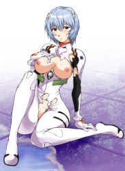 Rule 34 | 1girl, alternate breast size, ayanami rei, blue hair, blush, bodysuit, bracer, breasts, breasts apart, breasts out, brown eyes, full body, gloves, gradient background, groin, hair between eyes, hair ornament, hand on own chest, highres, hip focus, kon-kit, looking at viewer, navel, neon genesis evangelion, nipples, no bra, no panties, parted lips, pilot suit, plugsuit, red eyes, short hair, sitting, solo, sweat, torn bodysuit, torn clothes, turtleneck