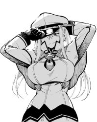 Rule 34 | 10s, 1girl, black gloves, breasts, capelet, gloves, graf zeppelin (kancolle), greyscale, hat, jacket, kantai collection, large breasts, light smile, long hair, long sleeves, military, military uniform, monochrome, nathaniel pennel, peaked cap, sidelocks, simple background, solo, twintails, uniform, white background