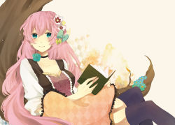 Rule 34 | 1girl, against tree, bad id, bad pixiv id, blue eyes, book, bow, braid, branch, choker, flower, hair bow, hair flower, hair ornament, holding, holding book, ichinose (sorario), light smile, long hair, megurine luka, open book, open mouth, pillow, pink hair, reading, sitting, sleeves rolled up, solo, thighhighs, tree, vocaloid