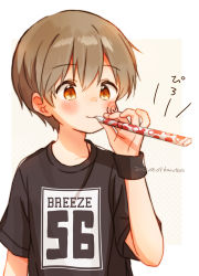 Rule 34 | 1boy, artist name, blush, character request, dated, english text, far tarooo, highres, holding, light brown hair, male focus, number print, orange eyes, print shirt, shirt, short hair, short sleeves, simple background, sweatband, upper body
