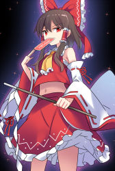 Rule 34 | 1girl, bare shoulders, between fingers, black background, black hair, bow, breasts, collarbone, detached sleeves, e.o., frilled skirt, frills, glowing, gohei, hair bow, hair tubes, hakurei reimu, highres, holding, looking at viewer, medium breasts, midriff, miniskirt, navel, nontraditional miko, ofuda, open mouth, red bow, red eyes, red skirt, ribbon-trimmed skirt, ribbon-trimmed sleeves, ribbon trim, sarashi, shide, short hair, skirt, solo, sparkle, stomach, touhou, white sleeves, wide sleeves