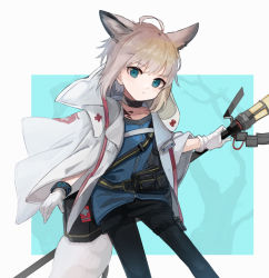 Rule 34 | 1girl, ahoge, animal ears, arknights, black choker, black pantyhose, black skirt, blue eyes, blue shirt, bracelet, brown hair, choker, commentary, extra ears, fox ears, holding, holding staff, infection monitor (arknights), jacket, jewelry, looking at viewer, material growth, open clothes, open jacket, oripathy lesion (arknights), pantyhose, pouch, shimasato, shirt, short hair, skirt, solo, staff, sussurro (arknights), thigh strap, white jacket