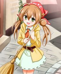 Rule 34 | 1girl, :d, ahoge, ascot, broom, brown hair, double bun, from above, green eyes, holding, long hair, looking at viewer, nichika (nitikapo), open mouth, original, smile, solo, twintails