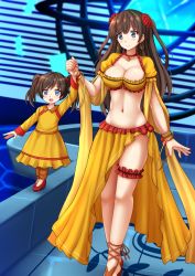 Rule 34 | 2girls, :d, arm up, bangle, blue eyes, blurry, blurry background, blush, bracelet, breasts, brown hair, child, cleavage, closed mouth, collarbone, commentary, commission, depth of field, dress, earrings, english commentary, fate/grand order, fate (series), fingernails, flower, glint, hair flower, hair ornament, head tilt, highres, holding hands, hoop earrings, indoors, jewelry, kazenokaze, large breasts, long hair, long sleeves, mata hari (fate), midriff, mother and daughter, multiple girls, nail polish, navel, open mouth, orange pants, original, pants, pants under dress, red flower, red footwear, red nails, shoes, skirt, smile, twintails, two side up, very long hair, yellow dress, yellow skirt
