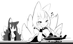 2girls aircraft airplane akagi_(azur_lane) animal_ears azur_lane black_kimono brown_tail commentary english_commentary ethan_forsythe f-35_lightning_ii fighter_jet fox_ears fox_girl fox_tail greyscale japanese_clothes jet kaga_(azur_lane) kimono kitsune kyuubi military_vehicle monochrome multiple_girls multiple_tails musical_note tail white_kimono white_tail