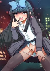 Rule 34 | 1girl, absurdres, bar censor, black eyes, black hair, black ribbon, black skirt, black thighhighs, blue bow, blunt bangs, blush, bow, bow panties, censored, city lights, cleft of venus, clothes lift, collared shirt, commentary, cookie (touhou), earrings, feet out of frame, highres, hime cut, jacket, jewelry, kagemi riomone, lifting own clothes, long hair, looking at viewer, neck ribbon, open mouth, panties, panty pull, pointless censoring, pulling own clothes, purple jacket, pussy, red bow, ribbon, shirt, shunga youkyu, sidelocks, skirt, skirt lift, solo, star (symbol), star earrings, star sapphire, teeth, thighhighs, touhou, underwear, upper teeth only, white panties, white shirt