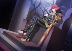 Rule 34 | 1boy, absurdres, alternate costume, alternate hair color, alternate hairstyle, armor, barefoot, black armor, commission, commissioner upload, corrin (fire emblem), corrin (male) (fire emblem), crown, darkness, eudetenis, fire emblem, fire emblem fates, frown, glowing, grey eyes, highres, light rays, nintendo, pillar, pointy ears, red eyes, red hair, shield, sitting, solo, sword, throne, throne room, weapon, yato (fire emblem)