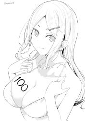Rule 34 | 1girl, bikini, blush, body writing, breasts, closed mouth, greyscale, hair ornament, hairclip, kichihachi, large breasts, long hair, looking at viewer, monochrome, original, smile, solo, swimsuit, twitter username, upper body