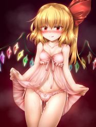 Rule 34 | 1girl, :q, babydoll, bare arms, bare shoulders, blonde hair, bow, bow panties, breasts, breath, cleavage, collarbone, commentary request, cowboy shot, crystal, cum, cum in clothes, cum in panties, fang, flandre scarlet, gluteal fold, gradient background, hair between eyes, highres, lifting own clothes, long hair, looking at viewer, marukyuu ameya, nail polish, navel, no headwear, panties, pink panties, red background, red eyes, red nails, side-tie panties, side ponytail, small breasts, smile, solo, standing, stomach, thighs, tongue, tongue out, touhou, underwear, underwear only, wings