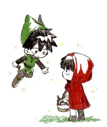 Rule 34 | 2boys, alternate costume, basket, black eyes, black hair, boots, brothers, cloak, closed mouth, commentary, cosplay, floating, full body, green headwear, highres, holding, holding basket, hood, hood up, hooded cloak, kageyama ritsu, kageyama shigeo, little red riding hood (grimm), little red riding hood (grimm) (cosplay), long sleeves, looking at another, male focus, mob psycho 100, multiple boys, pori io, red cloak, short hair, siblings, simple background, standing, symbol-only commentary, white background
