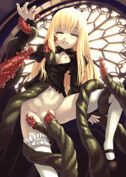 Rule 34 | blonde hair, bosshi, bottomless, censored, closed eyes, flat chest, highres, mary janes, monster, navel, open clothes, open shirt, rape, shirt, shoes, stomach bulge, tagme, tentacle sex, tentacles, thighhighs, vaginal, white legwear