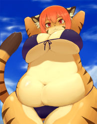 Rule 34 | 1girl, :3, animal ears, arms behind head, arms up, belly, bikini, blush, blush stickers, breasts, cat ears, cat tail, fat, from below, furry, furry female, huge breasts, lionel nakamura, navel, orange hair, original, plump, red eyes, short hair, skindentation, solo, striped, swimsuit, tail, thick thighs, thighs, tiger ears, tiger tail, underboob