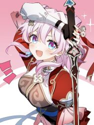 Rule 34 | 1girl, arm over head, bell, belt, black dress, black gloves, blue belt, blue eyes, blush, breasts, check commentary, chinese clothes, commentary request, dress, earrings, fingerless gloves, gloves, hair ornament, hairpin, high belt, highres, holding, holding sword, holding weapon, honkai: star rail, honkai (series), jewelry, jingle bell, looking at viewer, march 7th (honkai: star rail), march 7th (hunt) (honkai: star rail), medium breasts, medium hair, official alternate costume, official alternate hairstyle, open mouth, pink eyes, pink hair, pink pupils, puffy sleeves, shuangyaji, single earring, smile, solo, sword, tnri 0404, two-tone eyes, upper body, weapon, white sleeves
