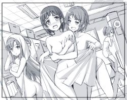 Rule 34 | 4girls, :d, ass, assisted exposure, asuna (sao), black border, blunt bangs, blush, border, breast envy, breasts, embarrassed, flat chest, greyscale, hair ornament, hairclip, highres, kirigaya suguha, large breasts, lisbeth (sao), locker, locker room, long hair, looking at viewer, looking back, medium breasts, monochrome, multiple girls, naked towel, navel, neon lights, one side up, open mouth, short hair, silica, sketch, smile, spoken squiggle, squiggle, standing, sword art online, tonee, towel, twintails, wide-eyed
