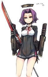 Rule 34 | 10s, 1girl, black gloves, dress, glaive (polearm), gloves, hair intakes, halo, kantai collection, looking at viewer, mechanical halo, polearm, purple eyes, ribbon, short dress, short hair, sigama, smile, solo, tatsuta (kancolle), weapon