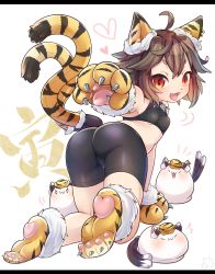 Rule 34 | 1girl, :3, ahoge, alternate costume, animal ears, animal hands, animal print, animal shoes, arm support, ass, bike shorts, black tank top, blob, blush, breasts, brown hair, cat tail, chen, chinese zodiac, claws, closed eyes, commentary request, eyelashes, fangs, foreshortening, fur trim, hat, heart, highres, ibaraki natou, kneeling, letterboxed, mob cap, mochen, multiple tails, navel, nekomata, open mouth, paw print soles, red eyes, short hair, simple background, slit pupils, small breasts, solo, stomach, tail, tank top, tiger ears, tiger print, tiger tail, tongue, tongue out, touhou, twisted torso, two tails, white background, year of the tiger