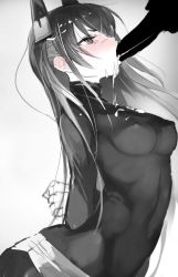 Rule 34 | 1girl, arms behind back, blush, bodysuit, breasts, covered erect nipples, covered navel, dripping, fellatio, from side, full mouth, gradient background, headgear, long hair, medium breasts, menou kaname (taishi), monochrome, nose blush, oral, original, profile, silhouette, simple background, simulated fellatio, sketch, skin tight, solo, solo focus, spot color, suggestive fluid, taishi (picchiridou), tears, tsurime, very long hair, white background