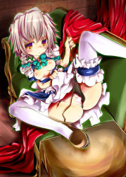 Rule 34 | 1girl, black panties, blush, braid, breasts, breasts out, censored, couch, female focus, heart, indoors, izayoi sakuya, kanoe (gallery walhalla), maid, maid headdress, nipples, panties, panty pull, red eyes, shoes, short hair, silver hair, small breasts, solo, spread legs, thighhighs, touhou, twin braids, underwear, white thighhighs