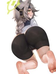 Rule 34 | 1girl, ahoge, animal ears, ass, ass focus, bandaid on thigh, barefoot, bike shorts, blue archive, blush, braid, braided ponytail, cameltoe, cleft of venus, commentary request, dokomon, fang, feet, green eyes, halo, headgear, highres, korean commentary, long hair, looking back, open mouth, otogi (blue archive), shirt, simple background, soles, solo, toes, white background, white shirt