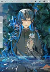 Rule 34 | 1boy, androgynous, art program in frame, asymmetrical bangs, blue flower, buttons, choppy bangs, closed eyes, closed mouth, commentary request, eyelashes, flower, highres, holding, holding flower, jouin high school uniform, kexiu, lips, long eyelashes, long hair, male focus, partially submerged, protagonist (smtv), ripples, school uniform, shin megami tensei, shin megami tensei v, signature, sitting, solo, very long hair, water, white flower