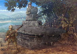 Rule 34 | 2boys, anchor symbol, cannon, commentary request, earasensha, helmet, military, military vehicle, motor vehicle, multiple boys, real life, soldier, standing, tank, tree, turret, vehicle request