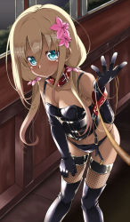 Rule 34 | 1girl, alternate costume, alternate hairstyle, bare shoulders, bdsm, black footwear, black gloves, black panties, blonde hair, blue eyes, blush, bondage outfit, boots, breasts, closed mouth, collar, collarbone, commentary request, corset, elbow gloves, fishnet thighhighs, fishnets, flower, garter belt, gin (shioyude), gloves, hair between eyes, hair flower, hair ornament, hair ribbon, holding, holding leash, indoors, kantai collection, leash, long hair, looking at viewer, navel, one-piece tan, panties, ribbon, ro-500 (kancolle), rope, small breasts, smile, solo, standing, tan, tanline, thighhighs, tress ribbon, twintails, underwear, viewer holding leash