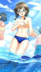 Rule 34 | 1girl, :o, bikini, black-framed eyewear, blue bikini, blue eyes, blue sky, blush, braid, breasts, brown hair, cloud, collarbone, covering breasts, covering privates, day, doukyuusei another world, game cg, glasses, groin, kakyuusei, lens flare, long hair, low twintails, medium breasts, navel, open mouth, outdoors, rectangular eyewear, sideboob, sky, solo focus, souma ayumi, sparkle, swimsuit, thigh gap, topless, twin braids, twintails, underboob, unworn bikini top