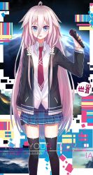 Rule 34 | 1girl, bad id, bad pixiv id, black thighhighs, blue eyes, blue skirt, blush, echj, highres, holding, holding microphone, ia (vocaloid), long hair, looking at viewer, microphone, necktie, parted lips, pink hair, red necktie, skirt, solo, star (sky), thighhighs, vocaloid