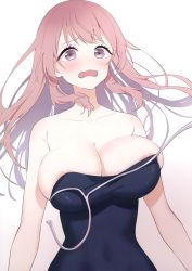 Rule 34 | 1girl, absurdres, areola slip, arms at sides, bare arms, bare shoulders, black one-piece swimsuit, blush, breasts, bursting breasts, cleavage, collarbone, covered navel, eyelashes, gradient background, highres, inconvenient breasts, inui shinju, large breasts, long hair, looking at viewer, neki (wakiko), one-piece swimsuit, open mouth, pink hair, purple eyes, sidelocks, skindentation, solo, sono bisque doll wa koi wo suru, swimsuit, very long hair, wardrobe malfunction, white background