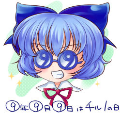 Rule 34 | circled 9, 1girl, blue hair, cirno, groucho glasses, glasses, grin, iris (artist), iris anemone, ribbon, smile, solo, embodiment of scarlet devil, touhou