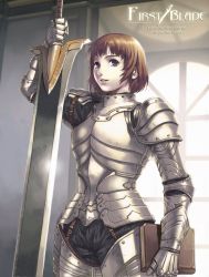Rule 34 | 1girl, armor, book, breastplate, brown hair, buckle, copyright name, couter, cowboy shot, cuirass, cuisses, eika (artist), english text, first blade, gauntlets, gorget, greatsword, hands on hilt, holding, holding book, indoors, knight, long sleeves, original, parted lips, pauldrons, purple eyes, rerebrace, ribbed legwear, ribbed shirt, shirt, short hair, shoulder armor, sidelocks, sideways glance, smile, solo, standing, strap, sunlight, sword, vambraces, weapon, window