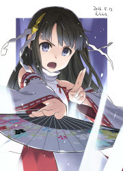 Rule 34 | 1girl, 2016, artist name, bare shoulders, black hair, blue eyes, blunt bangs, blush, chitose yui, dated, detached sleeves, errant, folding fan, glowing, hand fan, long hair, long sleeves, looking at viewer, magic, nontraditional miko, open mouth, outstretched arm, ribbon, ribbon-trimmed sleeves, ribbon trim, school girl strikers, serious, solo, white ribbon