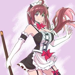 Rule 34 | 1girl, apron, asahi, bare legs, breasts, brown hair, cleavage, detached collar, floating hair, gloves, horns, large breasts, lilith-soft, long hair, looking at viewer, maid, maid apron, maid headdress, red eyes, rina (taimanin asagi), shiny skin, simple background, skirt, smile, solo, taimanin (series), taimanin asagi, taimanin rpgx, very long hair, white gloves, wide hips