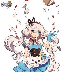 Rule 34 | 1girl, alternate costume, bare shoulders, blue eyes, blue gloves, book, card, cup, floating, floating object, gloves, hair between eyes, hair ornament, hair ribbon, highres, honkai (series), honkai impact 3rd, looking at viewer, meadow (morphinecaca), open mouth, playing card, ribbon, simple background, solo, spilling, teacup, theresa apocalypse, theresa apocalypse (violet executer), twintails, white background, white hair