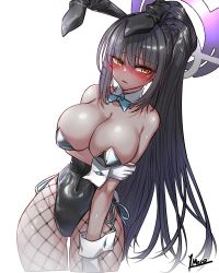 Rule 34 | 1girl, absurdres, animal ears, bare shoulders, black headband, black leotard, blue archive, blush, bow, bowtie, breast hold, breasts, cleavage, covered navel, dark-skinned female, dark skin, detached collar, embarrassed, fake animal ears, fishnet pantyhose, fishnets, halo, headband, high ponytail, highleg, highleg leotard, highres, karin (blue archive), karin (bunny) (blue archive), large breasts, legs apart, leotard, long hair, looking to the side, official alternate costume, onemore 1more, pantyhose, parted lips, playboy bunny, shiny clothes, shiny skin, simple background, solo, strapless, strapless leotard, thong leotard, traditional bowtie, white background, wide hips, wrist cuffs, yellow eyes