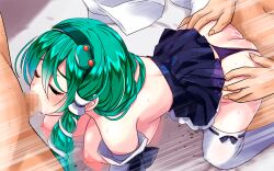Rule 34 | 1girl, 2boys, ass, ass grab, back, blush, breasts, censored, closed eyes, clothing aside, commentary request, detached sleeves, feet out of frame, fellatio, frog hair ornament, green hair, green hairband, group sex, hair between eyes, hair ornament, hair tubes, hairband, kochiya sanae, large breasts, long hair, miniskirt, mmf threesome, mosaic censoring, multiple boys, nipples, open mouth, oral, panties, panties aside, penis, print skirt, purple panties, purple skirt, pussy juice stain, ribbon-trimmed thighhighs, ribbon trim, sex, single sidelock, skirt, snake hair ornament, solo focus, spitroast, sweat, thighhighs, threesome, touhou, underwear, vaginal, white thighhighs, yamaguchi yuu
