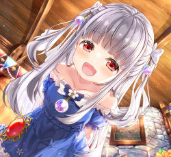 Rule 34 | 1girl, :d, arms behind back, bare shoulders, blue dress, blush, bow, character request, collarbone, commentary request, dress, fujima takuya, grey hair, hair bow, indoors, isekai ni tobasaretara papa ni nattandaga, leaning forward, long hair, looking at viewer, off-shoulder dress, off shoulder, open mouth, picture frame, puffy short sleeves, puffy sleeves, red eyes, short sleeves, smile, solo, two side up, very long hair, white bow