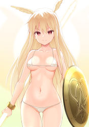 Rule 34 | 1girl, bell (oppore coppore), bikini, blonde hair, bracelet, breasts, bright pupils, closed mouth, collarbone, cowboy shot, fate/grand order, fate (series), gluteal fold, head wings, highres, jewelry, long hair, medium breasts, navel, pink eyes, polearm, shield, sidelocks, smile, solo, swimsuit, thrud (fate), valkyrie (fate), weapon, white bikini, white pupils, wings