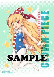 Rule 34 | 1girl, :d, american flag, american flag print, armpits, artist name, bare arms, bare shoulders, blonde hair, character name, circle name, clownpiece, commentary request, copyright name, fairy, fairy wings, flag print, full body, green background, hat, hirasaka makoto, jester cap, leotard, long hair, looking at viewer, neck ruff, open mouth, pantyhose, polka dot headwear, rabbit tail, red hat, sample watermark, sleeveless, smile, solo, star (symbol), starry background, striped, tail, touhou, tsurime, very long hair, watermark, white pantyhose, wings