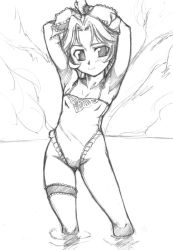 Rule 34 | 1girl, armpits, arms behind head, arms up, banpresto, blush, bow, casual one-piece swimsuit, embarrassed, flat chest, frills, greyscale, hair bow, highleg, highleg swimsuit, latune subbota, looking at viewer, monochrome, one-piece swimsuit, outdoors, parted bangs, short hair, sketch, smile, solo, standing, super robot wars, super robot wars original generation, swimsuit, thigh strap, thighs, wading, water