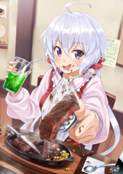 Rule 34 | 1girl, :d, ahoge, bib, bow, commentary, cup, drinking straw, dutch angle, feeding, food, food on face, fork, hair bow, highres, holding, incoming food, knife, long hair, open mouth, pov feeding, purple eyes, senki zesshou symphogear, signature, silver hair, smile, solo, spoon, steak, twintails, tyuga, yukine chris