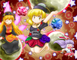Rule 34 | 3girls, :d, animal ears, animal print, barefoot, black dress, black shirt, blonde hair, breasts, brown footwear, chain, chibi, chinese clothes, closed eyes, clothes writing, collar, collarbone, collared shirt, commentary request, constricted pupils, danmaku, dress, earth (ornament), energy, fleeing, floral background, flying sweatdrops, fox tail, frilled skirt, frills, glowing, gold chain, hat, hecatia lapislazuli, hecatia lapislazuli (moon), junko (touhou), laughing, legs up, long hair, long sleeves, looking at viewer, lunatic gun, medium breasts, midriff, moon (ornament), multicolored clothes, multicolored skirt, multiple girls, multiple tails, navel, necktie, nitamago, obi, off-shoulder shirt, off shoulder, open mouth, pink necktie, pink skirt, purple hair, rabbit ears, red background, reisen udongein inaba, ribbon, sash, scared, shirt, shoes, short sleeves, sitting, skirt, small breasts, smile, socks, spell card, star (symbol), sweatdrop, tabard, tail, tie clip, touhou, very long hair, white legwear, yellow eyes