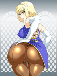 Rule 34 | 1girl, ass, back-seamed legwear, bare shoulders, blonde hair, breasts, cassandra alexandra, censored, covered erect nipples, elbow gloves, enoshima iki, female pubic hair, from behind, gloves, green eyes, highres, huge ass, large breasts, legs, looking back, pantyhose, pubic hair, pussy, seamed legwear, short hair, simple background, solo, soul calibur, standing, sweat, thighs