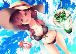 Rule 34 | 1girl, :d, a flow, bad leg, bikini, black bikini, blue sky, breasts, brown eyes, brown hair, cloud, day, dutch angle, food, foreshortening, hat, large breasts, looking at viewer, navel, open mouth, original, sky, smile, standing, sun hat, swimsuit