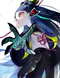 Rule 34 | 1boy, black hair, black pants, blonde hair, blue hair, child, chinese clothes, commentary request, earrings, expressionless, eyeshadow, fate/grand order, fate (series), feet out of frame, gloves, green eyes, halo, highres, iris (tb33064667), jewelry, long hair, long sleeves, looking away, makeup, male focus, multicolored hair, pale skin, pants, red eyeshadow, simple background, solo, taisui xingjun (fate), white background