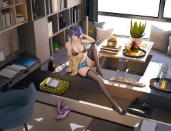 Rule 34 | 1girl, absurdres, arm support, bare shoulders, bikini, black bikini, black thighhighs, blue hair, book, book stack, bottle, bracelet, breasts, cardigan, chair, cleavage, denim, denim shorts, fish toucher, flower pot, garter straps, halterneck, high heels, highres, huge filesize, indoors, jewelry, large breasts, notebook, original, pillow, plant, shelf, short shorts, shorts, sitting, swimsuit, table, thighhighs, thighs, window, yellow cardigan