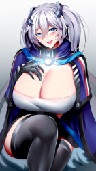 Rule 34 | 1girl, absurdres, azur lane, black gloves, black thighhighs, blue cape, blue capelet, blue eyes, breasts, cape, capelet, cleavage, commission, crossed legs, gloves, gradient background, grey background, grey hair, hair between eyes, hand on own chest, highres, huge breasts, intrepid (azur lane), long hair, looking at viewer, mole, mole on breast, open mouth, simple background, sitting, solo, teeth, thighhighs, thighs, upper teeth only, very long hair, whitewaffle